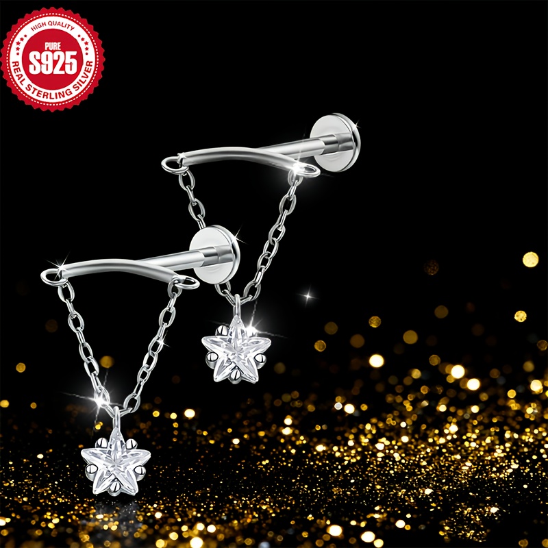 S925 Silvery Star Pendant Ear Cuff with Synthetic Zirconia Accents